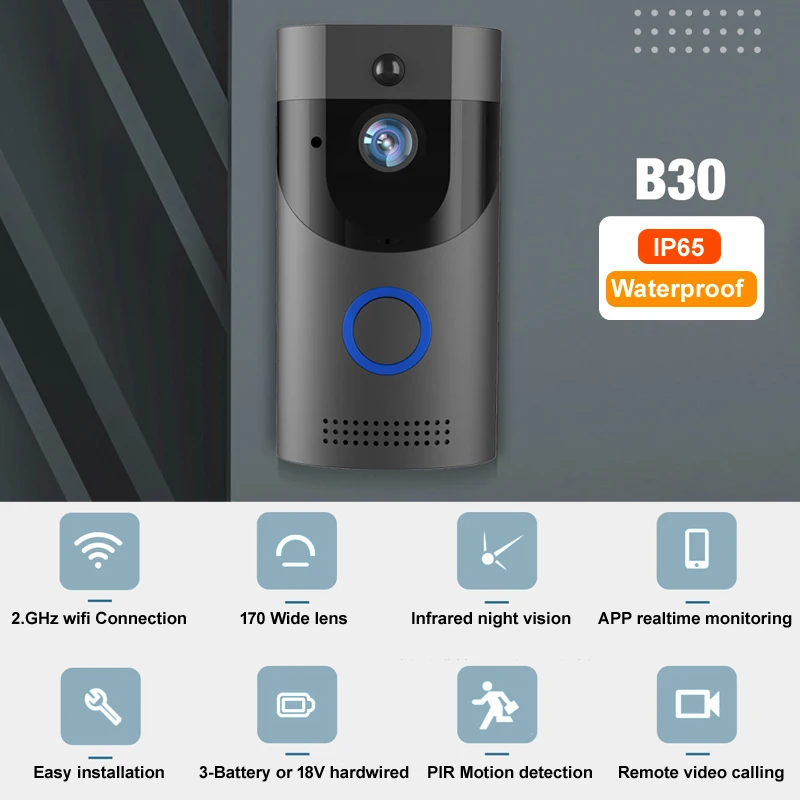 

Anytek B30 WIFI Doorbell B30 IP65 waterproof Smart video Door chime 720P wireless intercom FIR Alarm IR night vision IP camera