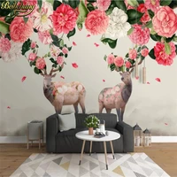 beibehang custom modern art forest deer flying petals wallpaper for living room tv background wall painting 3d mural wall paper