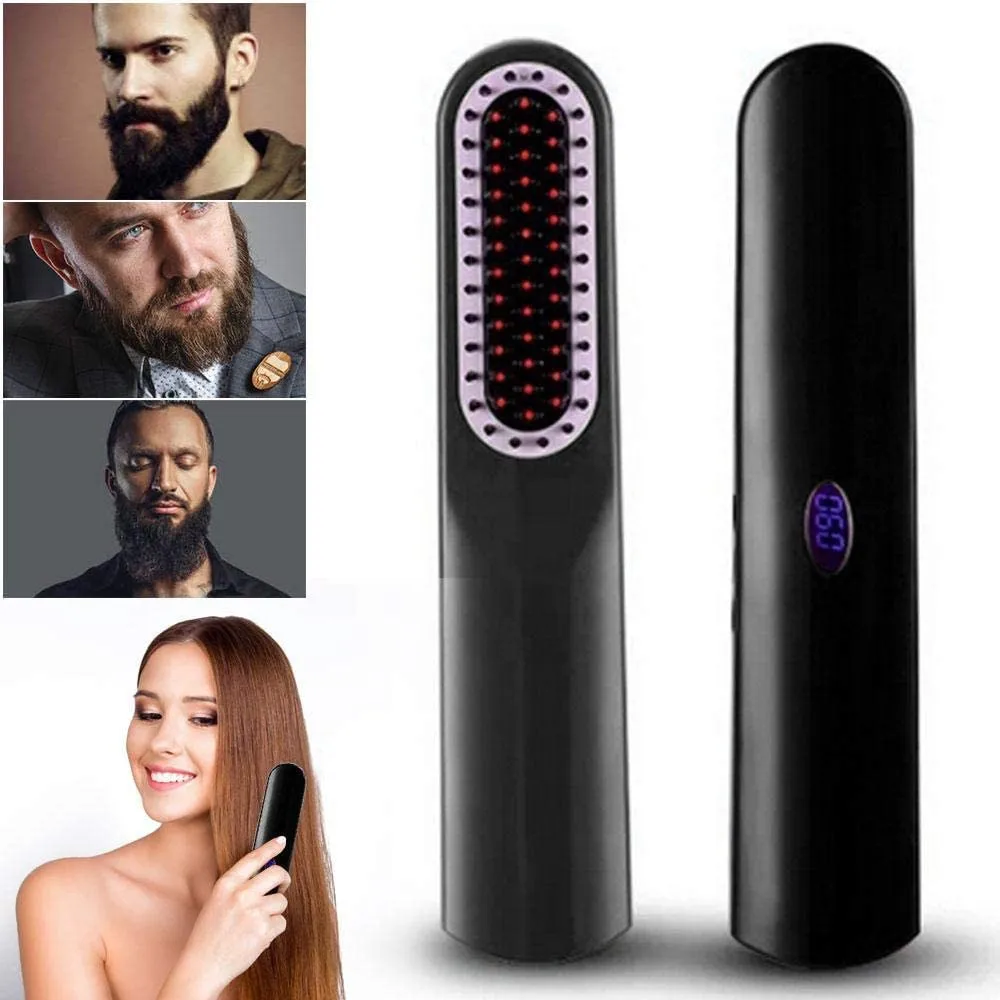

USB Charging Cordless Travel Hair Straightening Brush Beard Straightener Brush Portable Cordless Ion Ceramic Anti-Scalding Comb