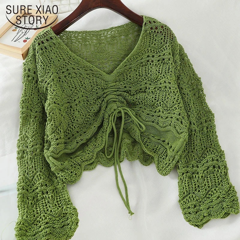

Spring Autumn Loose Sweater Sweet Korean Style V-neck Hollow Out Drawstring Pullovers Pleated Short Candy-Colored Tops New 18265