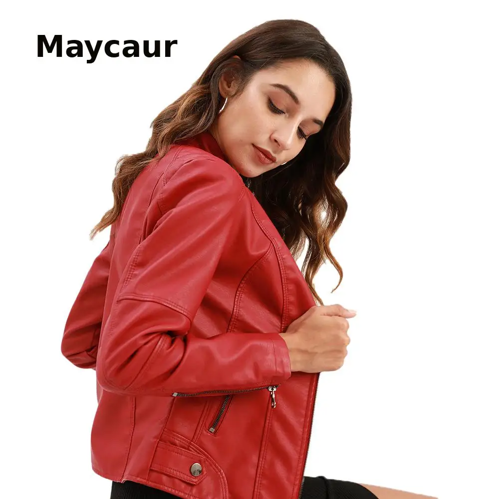 

Ouma Women's Leather Jacket Female Slim Thin Section Spring And Autumn Coat Motorcycle Clothing Large Size Stand-Up Collar