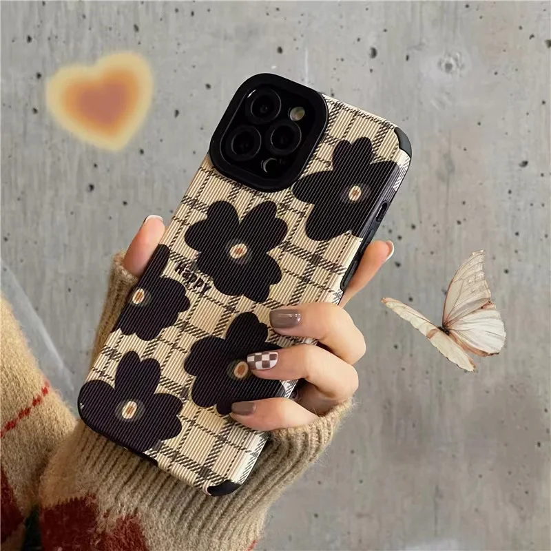 

New INS Plaid Retro Flower TPU Anti-drop Safety Covers Suitable for IPhone13 12 11 XSMax 7 8Plus Stylish Back Covers Painting