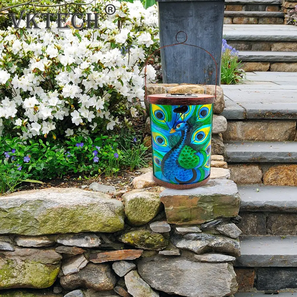 

LED Solar Lantern Light Wrought Iron Peacock Glass Painting Hanging Lamps Waterproof Outdoor Garden Yard Art Decorations