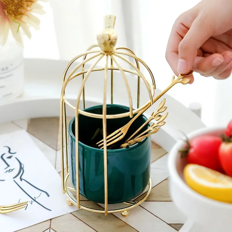 

Nordic Ceramics Iron Art Fruit Fork Storage Tube Birdcage Gold Stirring Spoon Storage Decoration Living Room Fruit Fork Set