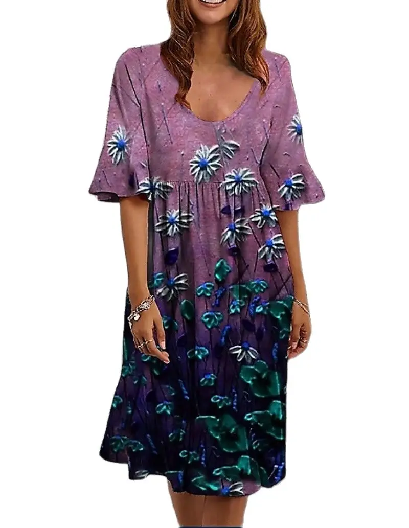 

Women's Clothing Round Neck Sleeve Dress Printing Skirt Female