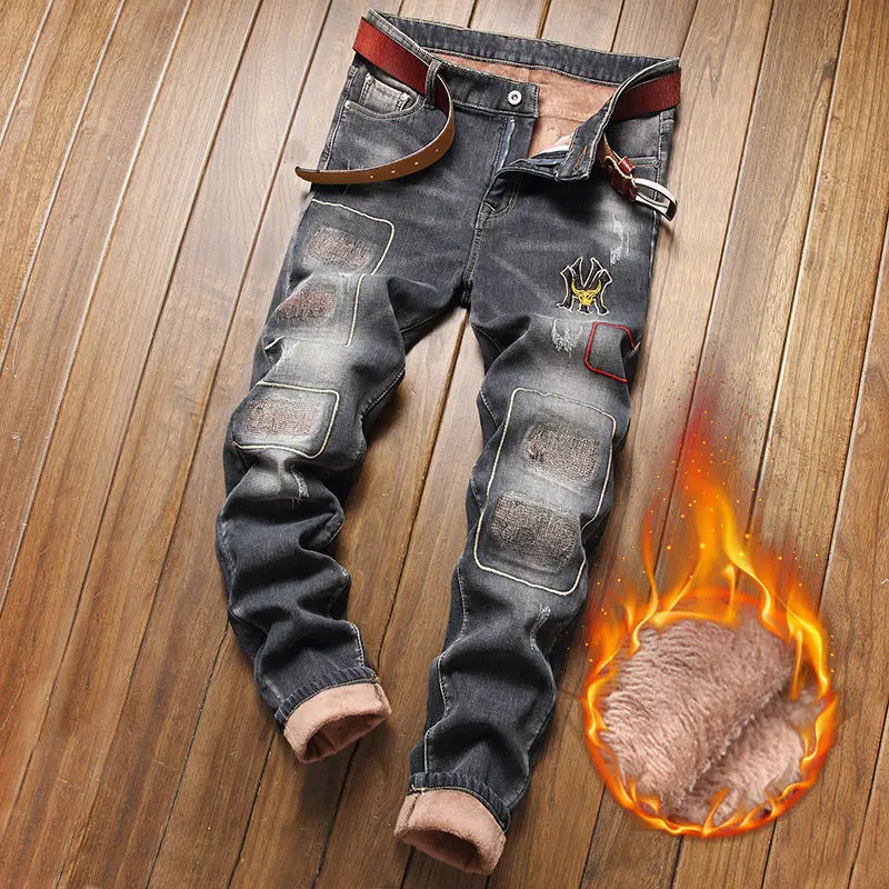 Модные рваные джинсы мужские зимние теплые брюки-карго прямые джинсовые брюки с