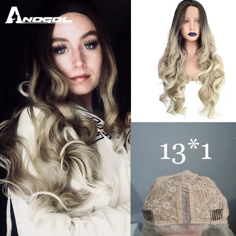 ANOGOL Deep Brown Ombre Blonde Lace T-part Synthetic Wigs with Dark Roots Long Body Wave Wig for Women