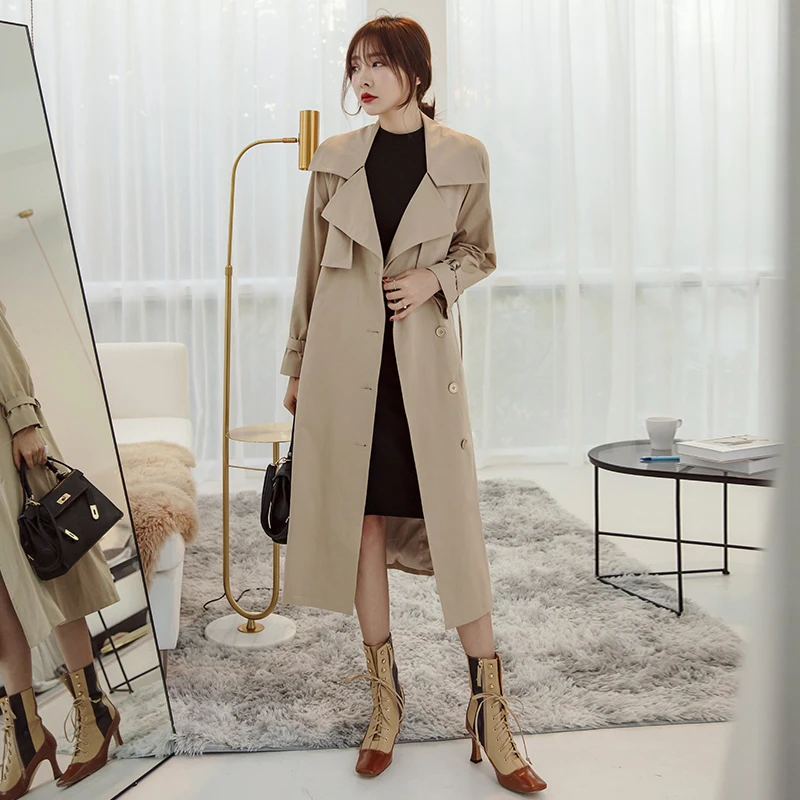 Женское длинное пальто YIGELILA классическое двубортное цвета хаки с длинным