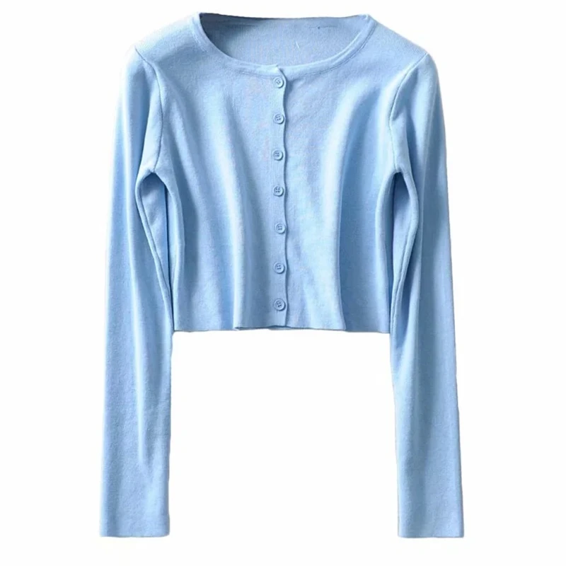 

Women Autumn Long Sleeve O-Neck Cardigan Ribbed Knitted Single Breasted Button Sweater Coat Solid Candy Color Basic Short Outwea