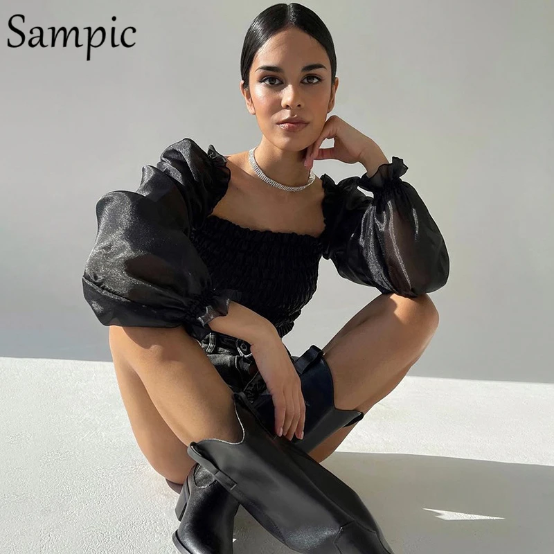 

Sampic Fashion Elegant Women Black Summer Autumn 2021 Crop Blouse Top Skinny Ruched Mesh Sexy Club Long Puff Sleeve Blouse Shirt