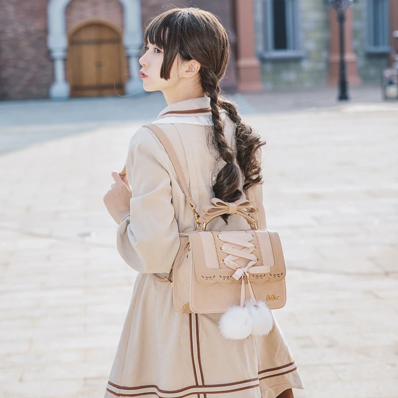 

Soft Girl Sweet Lolita Cute Plush Ball Ribbon Bow Shoulder Bags Backpack Harajuku Women Handbag Venonat PU Leather Messenger Bag