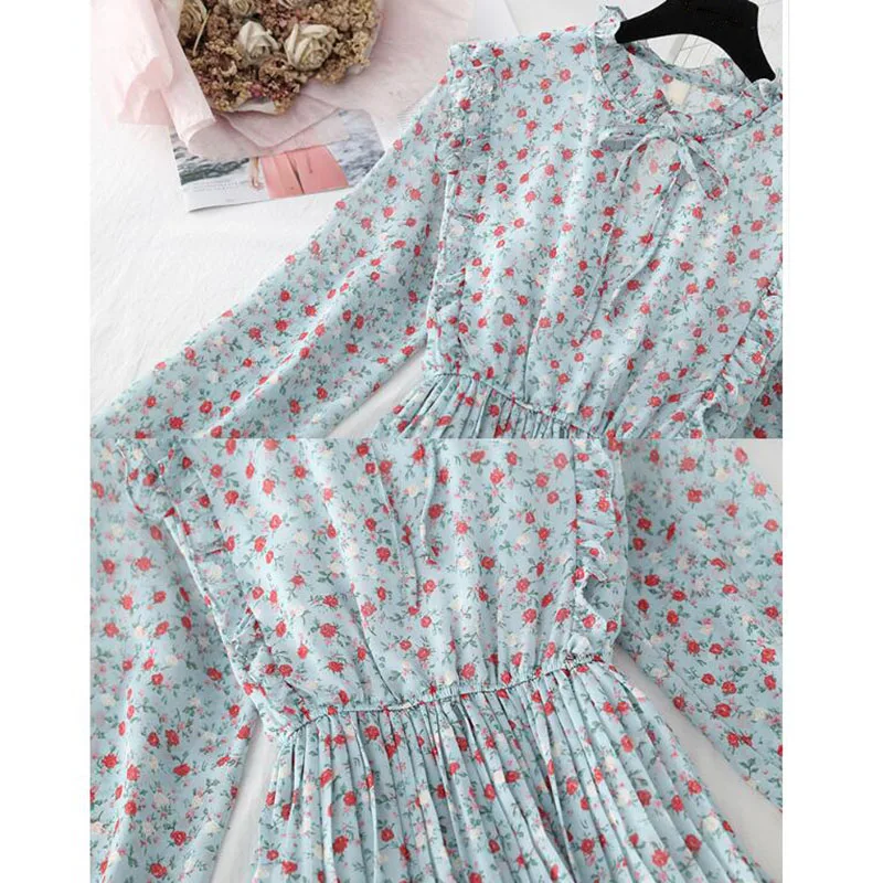 

2021 Spring Vintage Floral Print Women Dress Elastic Waist Ruffle Chiffon Long Sleeve A Line Dress O Neck Summer Beach Vestidos