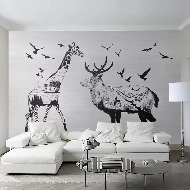 3D фотообои на заказ черно-белый Лось жираф для детской комнаты спальни гостиной