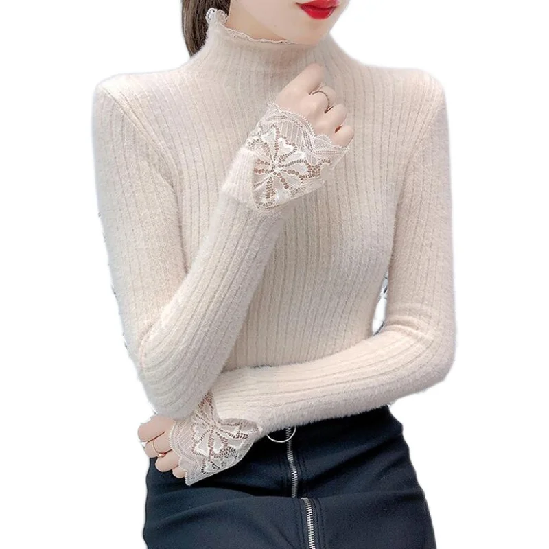 Облегающий свитер из искусственного меха норки женский осенне-зимний вязаный