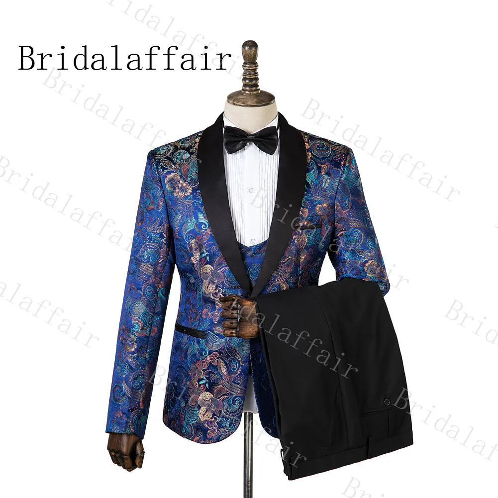 Bridalaffair Зимний костюм для жениха, джентльменский шаль с отворотом, приталенный темно-синий костюм с красочным пиджаком
