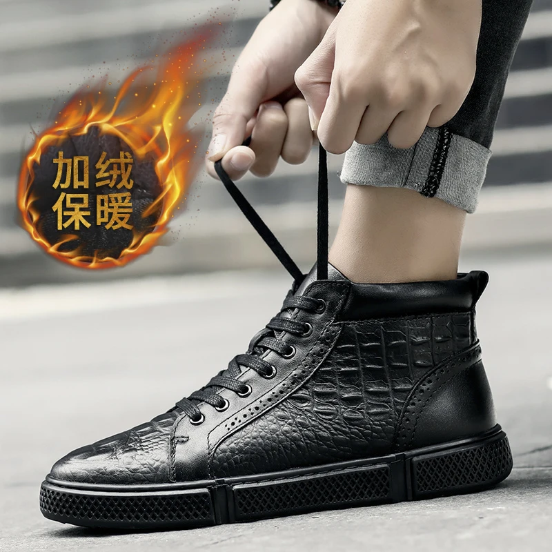 

Winter Youth Men Casual Footwear High Top Walking Shoe For Men With Fur Men Casual Original Shoes Genuine Leather Flats Sneakers