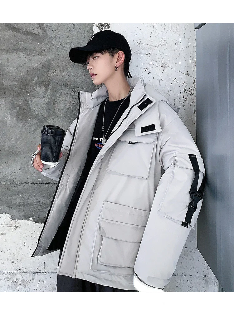 Winter Short Coat Men Warm Thick Parka Men Fashion Reflective Strip Hooded Coat Man Streetwear Loose Tooling Jacket Male Clothes