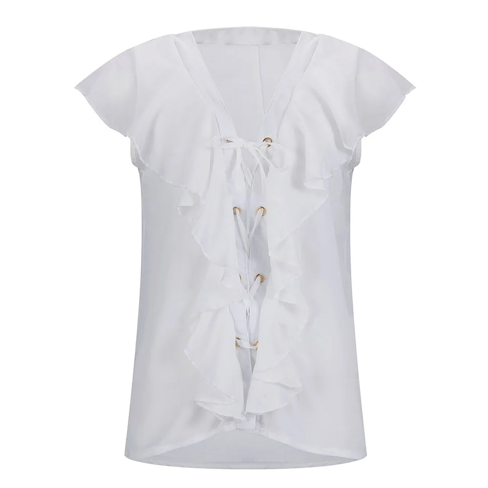 Модная женская Повседневная футболка Топ с оборками и v образным вырезом на