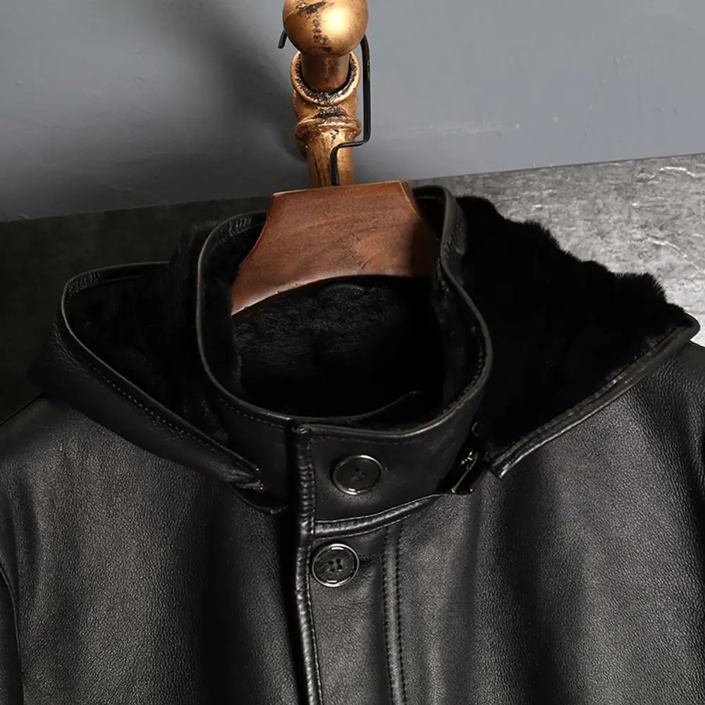 2019 Черная Мужская овчина с капюшоном мужская дубленка куртка меховое пальто
