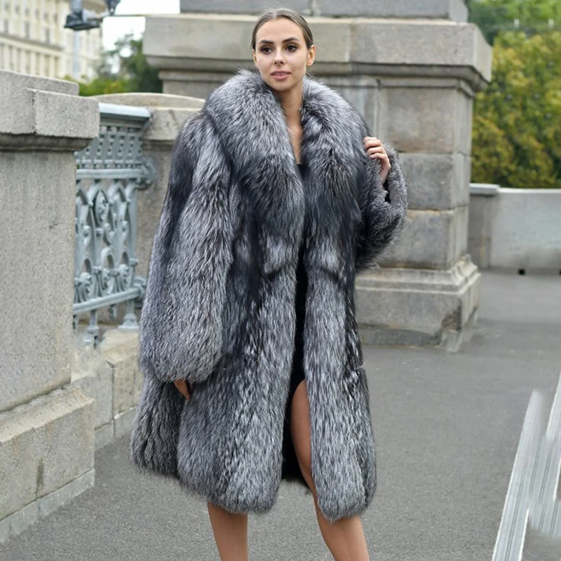 Luxury Women Natural Silver Fox Fur Coat with Big Lapel Collar Thick Warm Winter Fur Overcoats Woman Fashion Fox Fur Coat Outfit