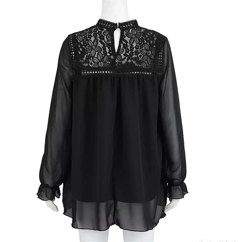 Блузка женская кружевная с длинным рукавом однотонная черная белая | Женская