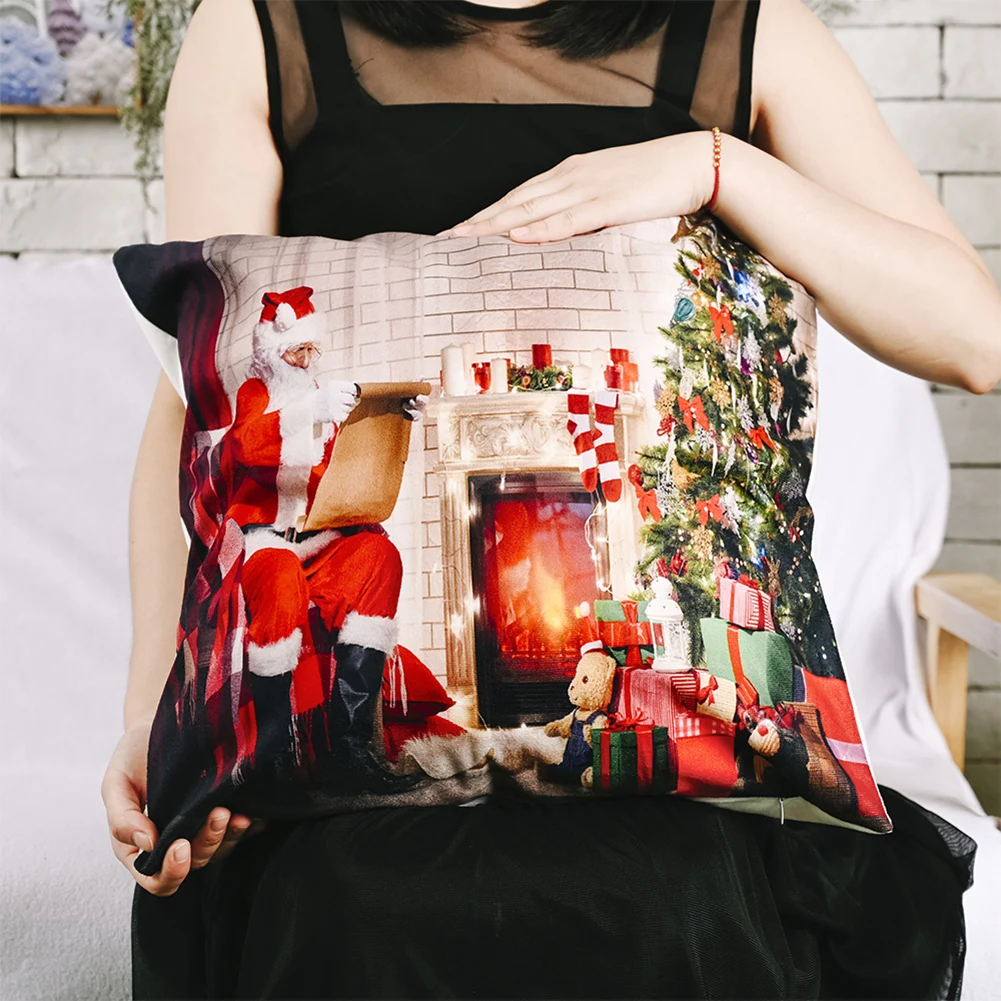 

Christmas Pillowcase Cartoon Santa Claus Print Flannel Square Chair Seat Cushion Covers Home Decoration