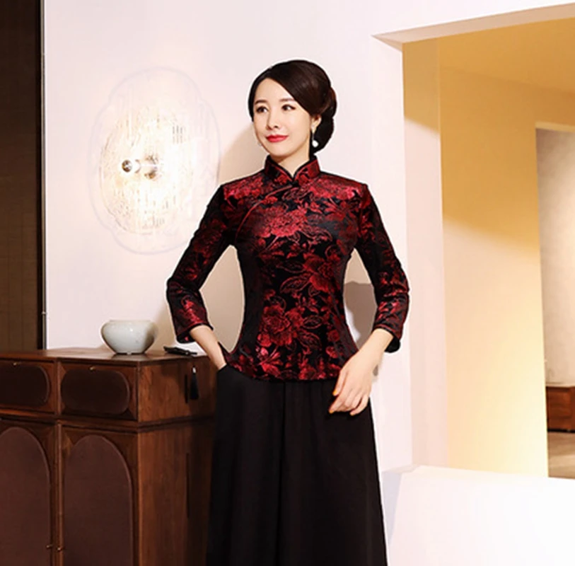 Китайский традиционный стиль осень зима бархат cheongsam женский короткий параграф семь точек рукав принт Тан костюм рубашка - Цвет: red 2