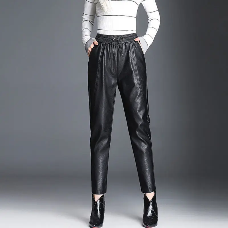 

Winter Warm Thick PU Leather Pants Women's Harajuku High Waist Capris Harem Baggy Pants Woman Trousers Plus Size