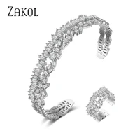 zakol unique multi layered baguette cubic zircon cuff bangle ring sets for women men fashion hand bracelets jewelry gift fssp341