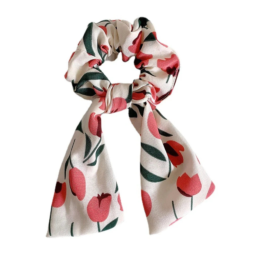 

New Spring Summer Bow Streamers Hair Ring Knotted Scrunchie Women Ponytail Hair Ties Floral Print Rubber Band Hair Accessories