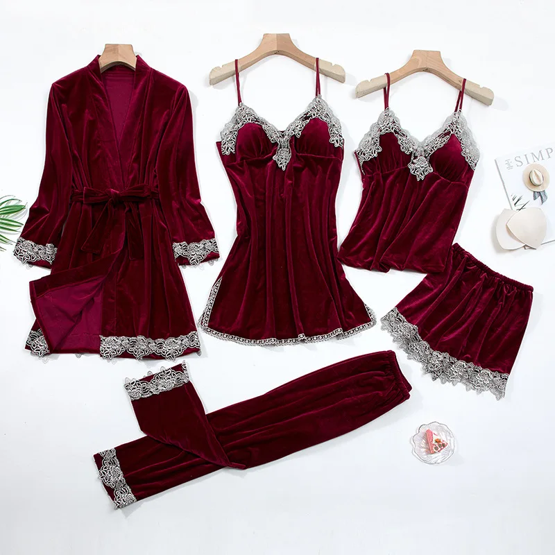

Burgundy Velour Pajama Suit Women 4PCS Kimono Robe Nightgown Set Sleepwear Lady Winter Velvet Warm Lace Folwer Bathrobe Gown