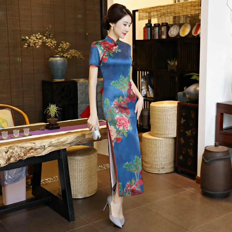 

Женские винтажные Длинные Платья с цветочным принтом, китайское сексуальное платье с воротником-стойкой, вечернее платье