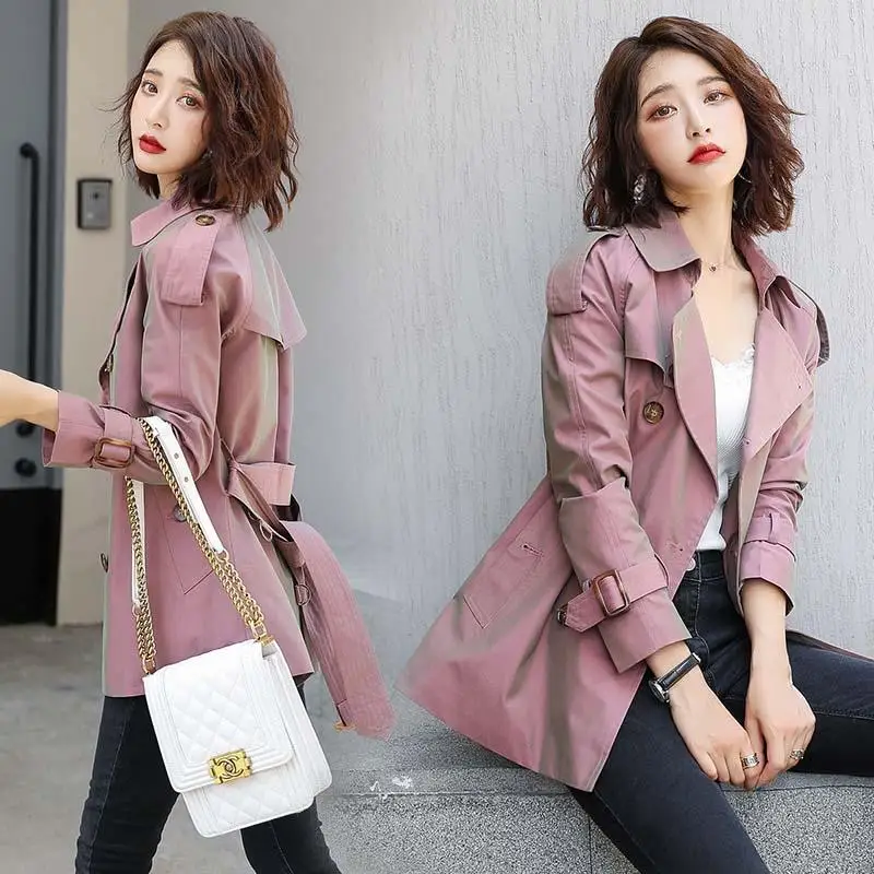 

2022 Women Trench Coat Autumn Lapel Double Breasted Sashes Lightweight Casual Short Ladies Windbreaker Coats Plus Size Y948