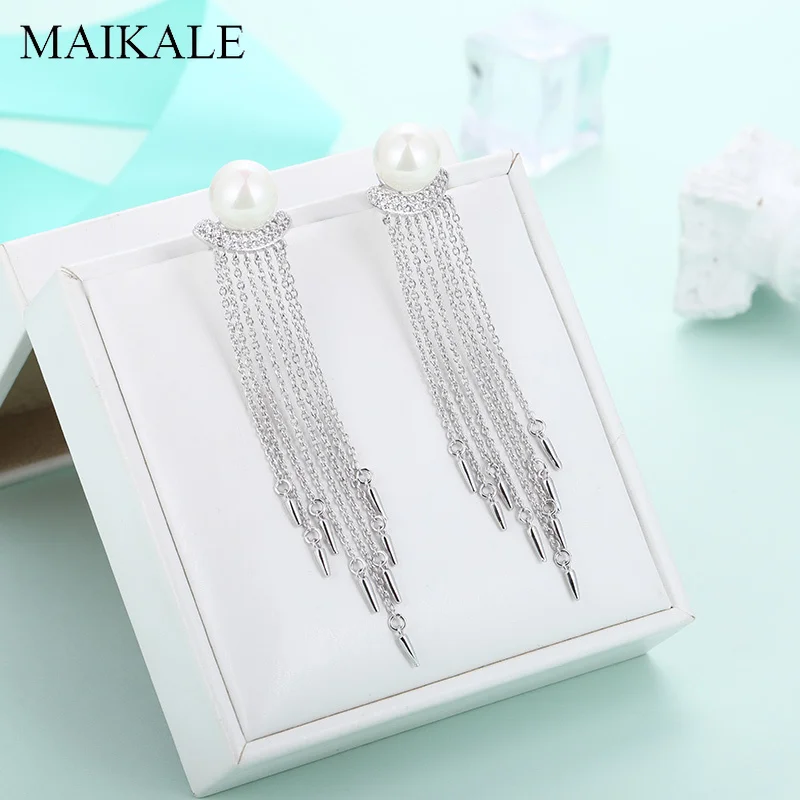 MAIKALE, трендовая Длинная кисточка, цепочка, жемчужные серьги для женщин, Висячие висячие серьги-капли с кубическим цирконием, серьги с жемчугом, ювелирные изделия для девочек