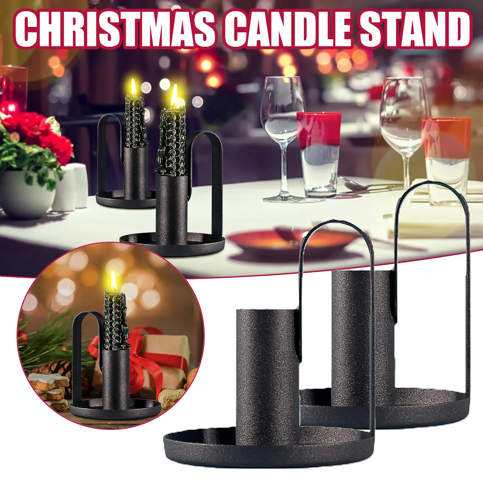 

2PCS Vintage Black Iron Candle Holder with dripping wax base tray Night Handheld Hoodless Lantern Stand Holder Candlestick