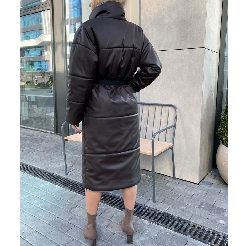 

Winter Warm Leather Parkas Women Fashion Straight Loose Pockets Coats Women Elegant Long Cotton Jackets Female Ladies