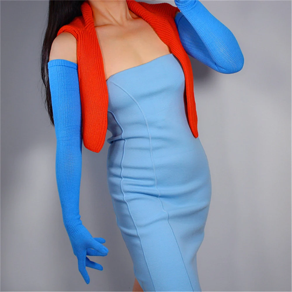 Женские очень длинные шерстяные перчатки 70 см вязанные с пятью пальцами высокая