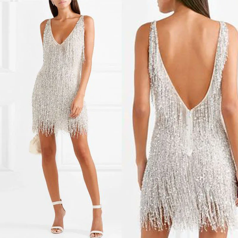 

Women's Sexy Sleeveless V-Neck Above Knee Dress Silver Dress with Tassel