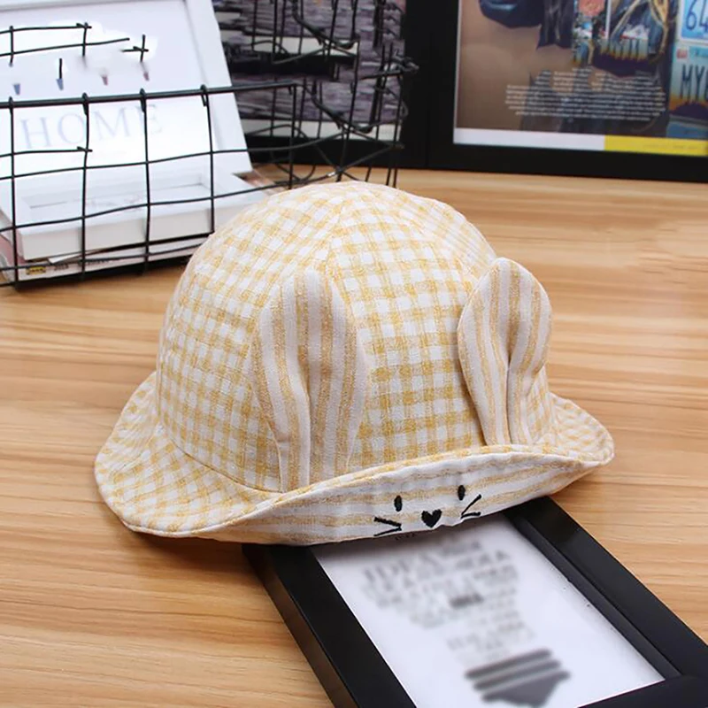 

Rabbit Ears Baby Toddler Summer Sun Cap Cartoon Lovely Plaid Bucket Hat Cotton
