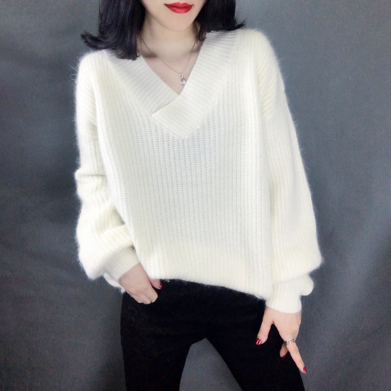 High Quality Women Knitted Sweater V-neck Casual Solid White Female Sweaters Pullover Femme | Женская одежда