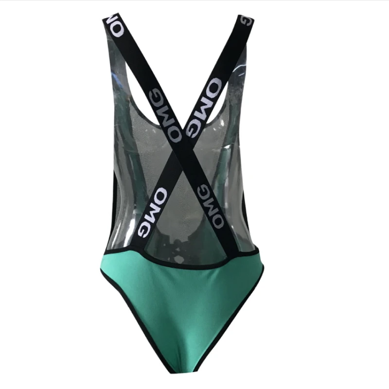 

2021 Summer Beach Style Fishnet Mesh Patchwork Bodycon Bodysuit Backless Letter Swimwear Plus Size Bathing Suit Swimsuit Bikini