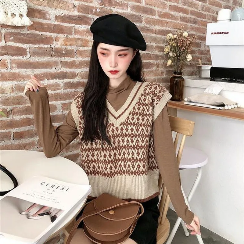 Осень-зима 2020 Новый стиль корейский без рукавов Трикотажный жилет с V-образным