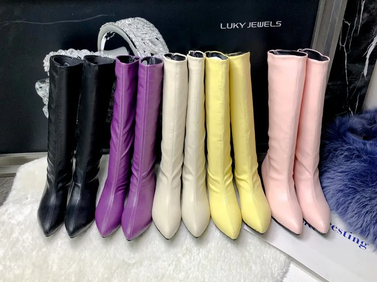 ZawsThia winter autumn yellow purple pink woman boots pointed toe low square heels mid-calf boots for women big size 34-48