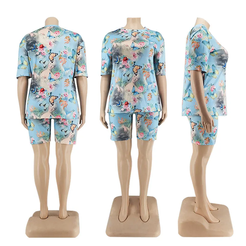 

Plus Size Shorts Set Women 2021 Summer New 2 Piece Suits Fashion Homewear Print T-Shirt Outfis Graphic Tees Tops Urban Leisure