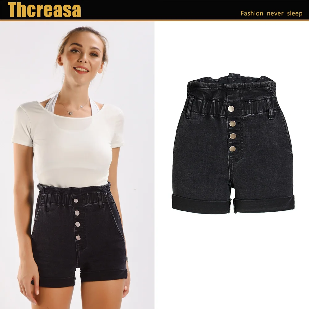 Женские короткие джинсовые шорты из чистого черного денима с широкими штанинами