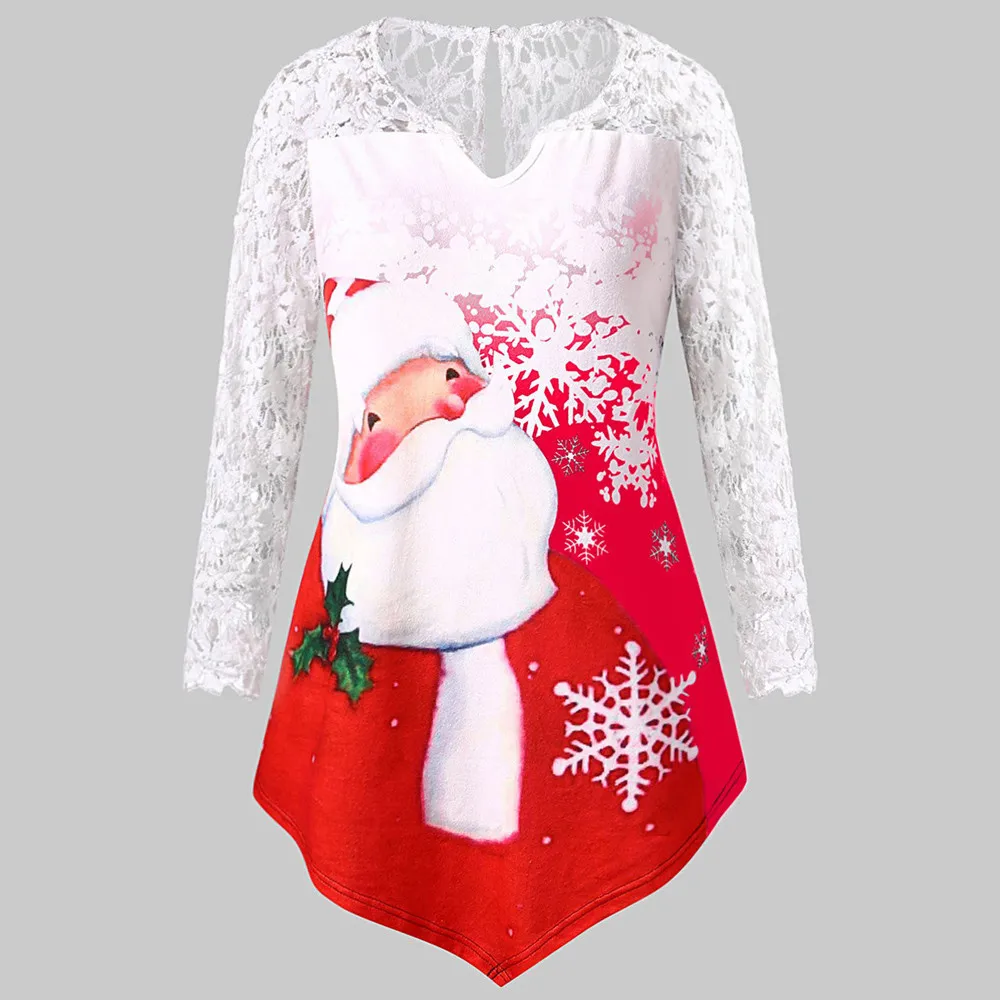 Long sleeve Женская рождественская кружевная рубашка большого размера, Кружевная туника с принтом Клауса, футболка, Топ с длинным рукавом, Рождественская одежда с принтом, camisas de mujer - Цвет: Long sleeve