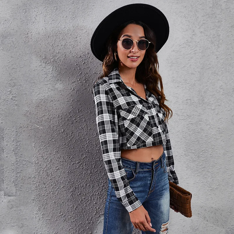 

Independent station pop check zebra long sleeve short shirt cardigan thin coat women
