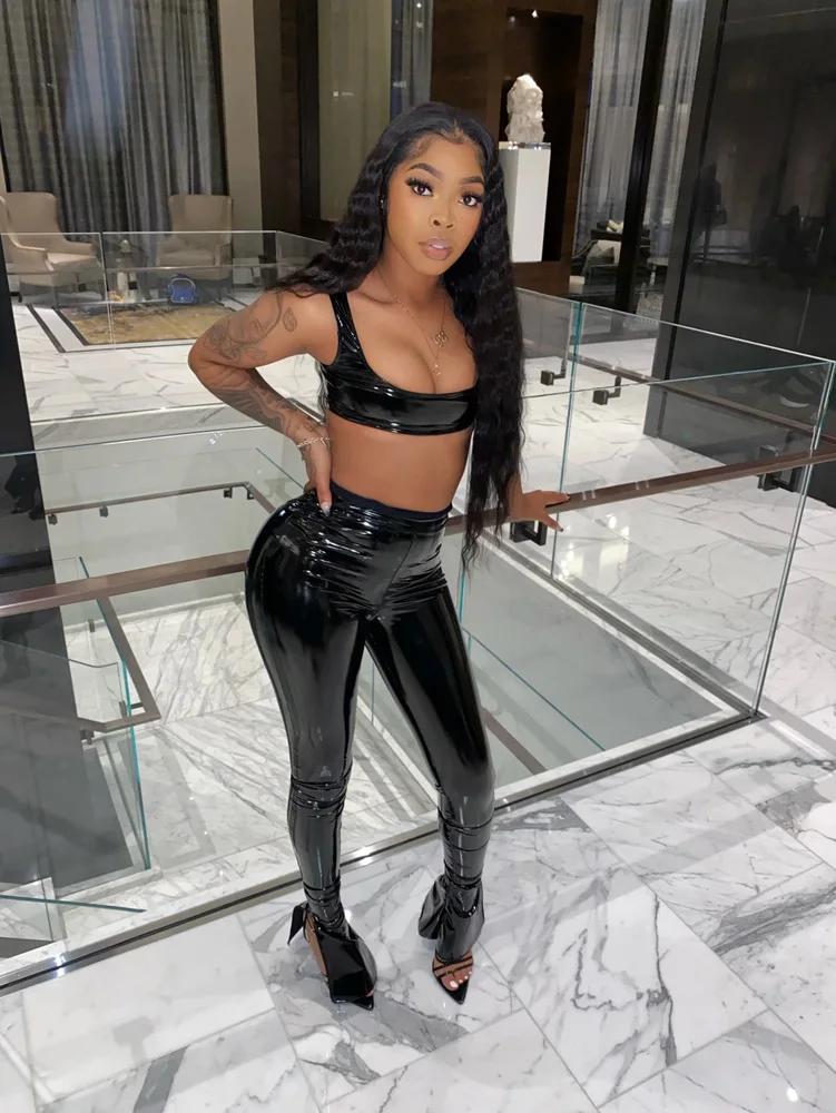 

PU Leather Club Outfits Sexy Women Two Pieces Casual Matching Sets Crop Top+Flare Joggers
