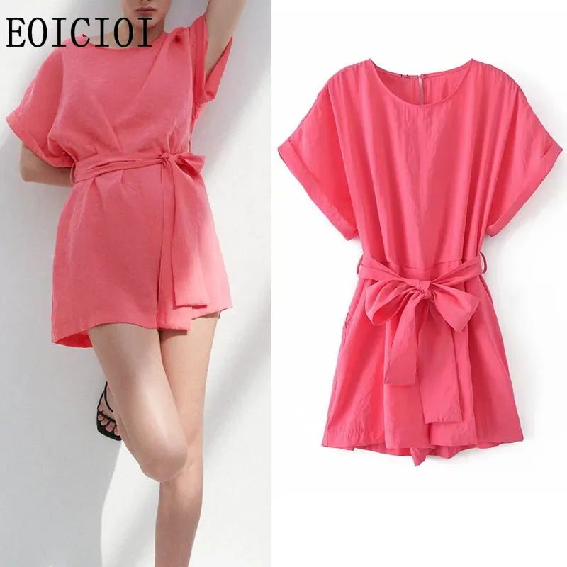 

EOICIOI Za 2021 Summer Short Jumpsuit Women Fashion Pink Woman's Playsuit Elegant Belt Short Sleeve Overall Female Jumpsuit