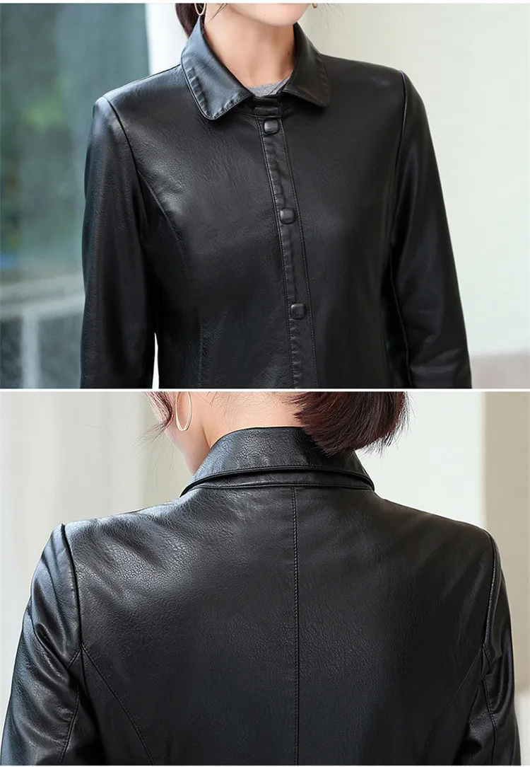 M-4XL, большие размеры, женские кожаные куртки, новая мода, с отложным воротником, однотонные, тонкие, закрытые, на пуговицах, женские кожаные куртки